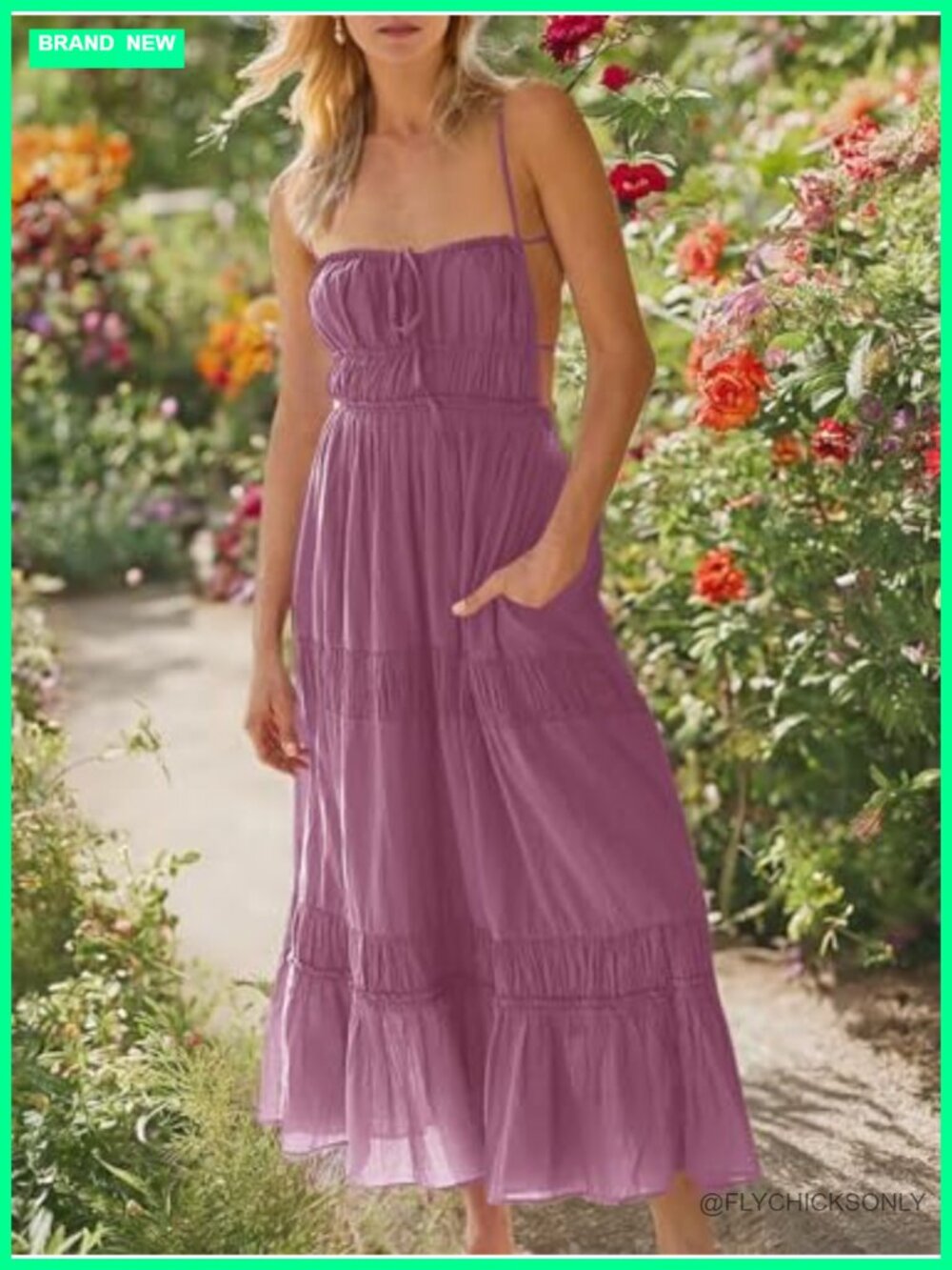 Backless Spaghetti Strap Tiered Flowy Maxi Dress with Pockets - Picture 5 of 7